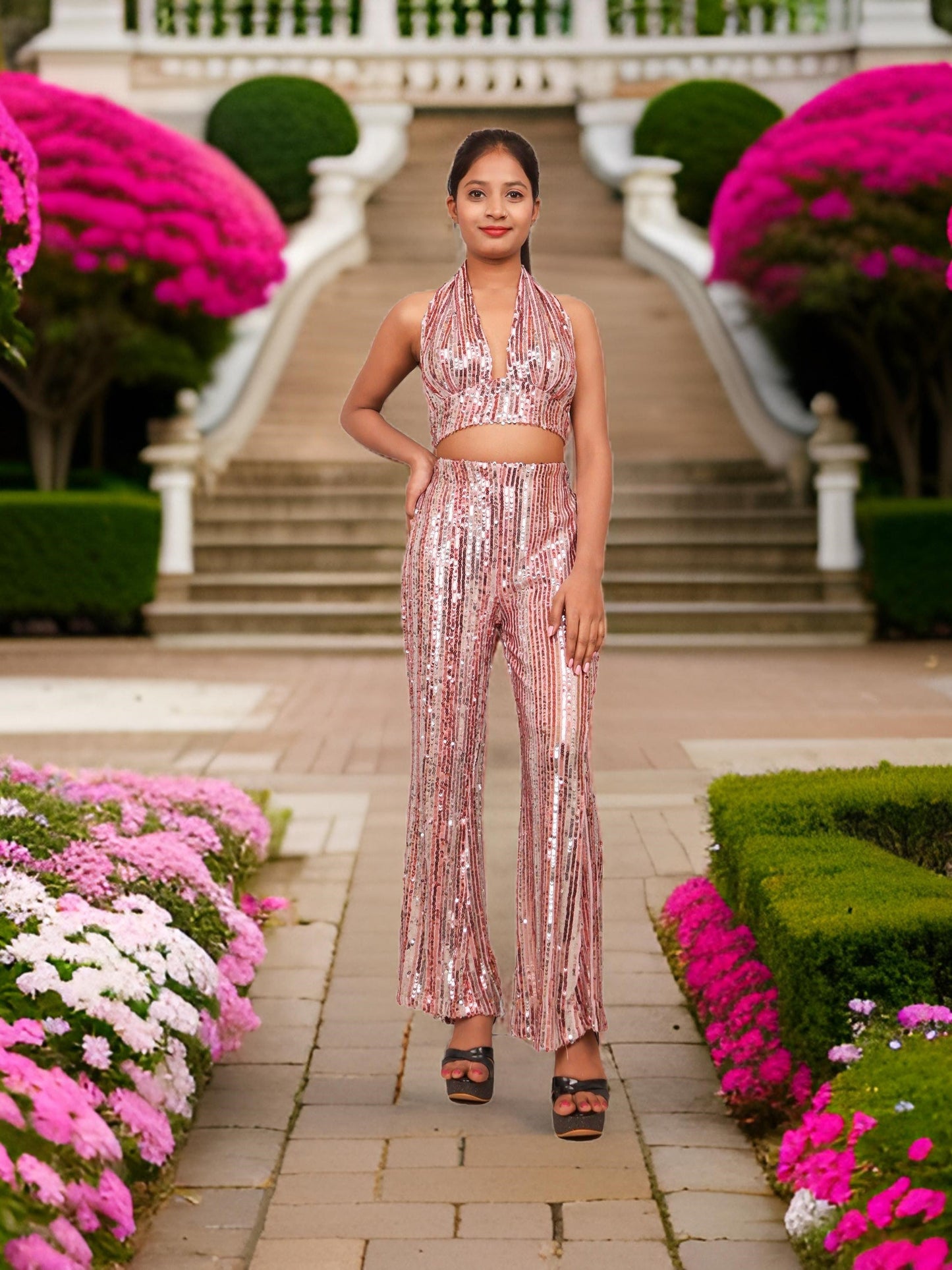 Glamour Halter Neck Sequins Bodycon Co-Ord Set by Shreekama-6