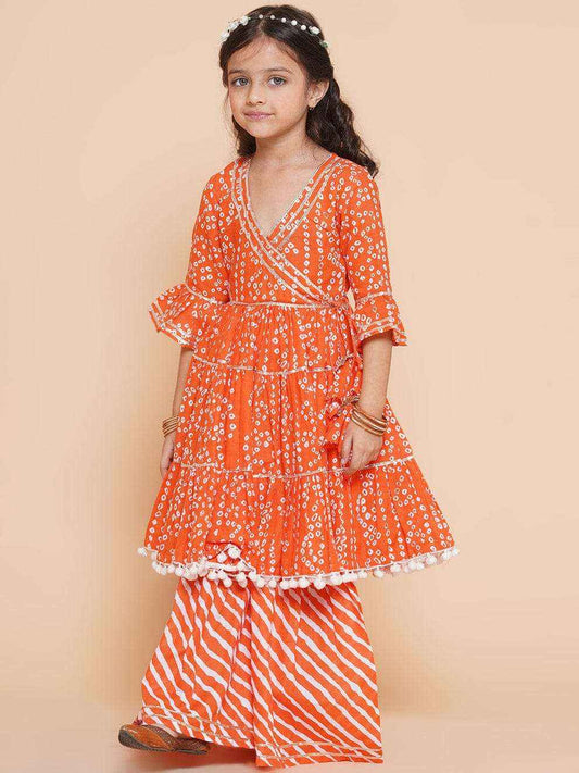 Leheriya Bandhej Magic Orange Wrap Kurta & Palazzo Set-0